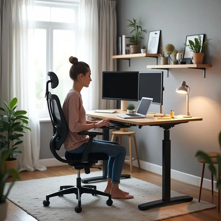Home office desk with monitor arm and task lamp