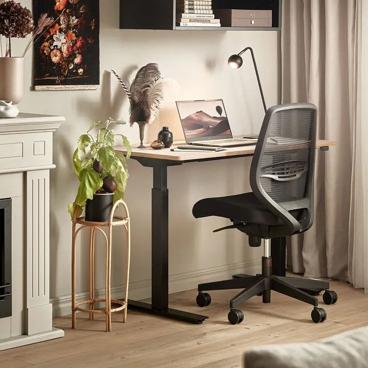 Wide desk surface with organized cable management